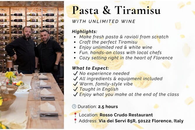 Florence: Pasta & Tiramisu Cooking Class with Unlimited Wine - Fresh pasta, rolled and shaped by hand